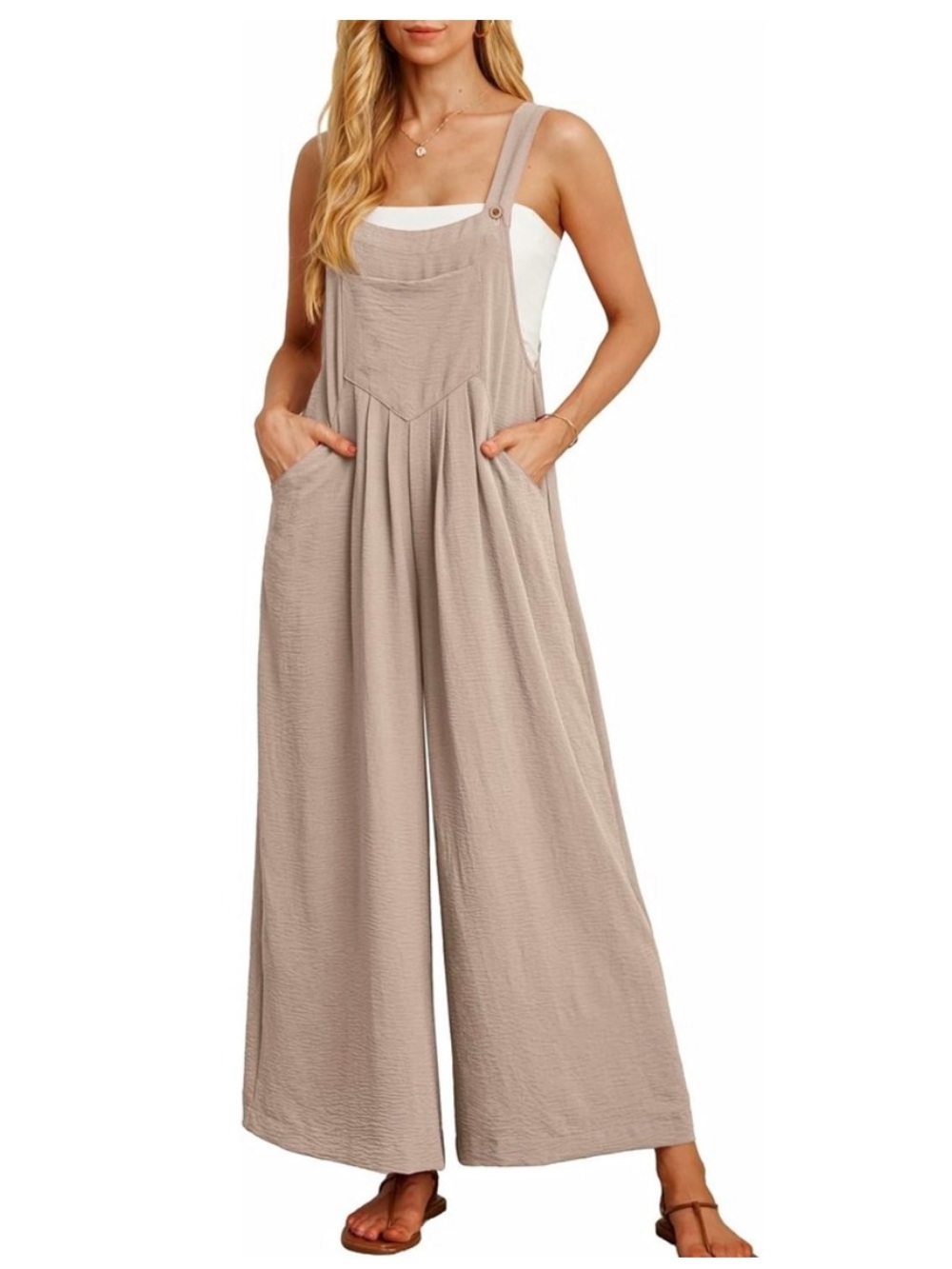 Wide-Leg Overall Jumpsuit Romper in Taupe GiGiO Large 100% cotton Beige bibs